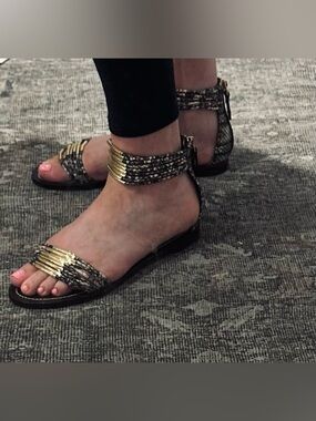 Tory Burch Black and White Braided Flat Sandals with Gold Hardware